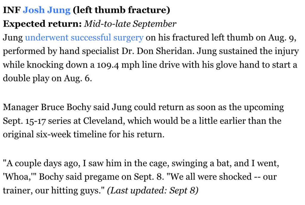 Josh Jung's thumb fracture, 08/06/2023